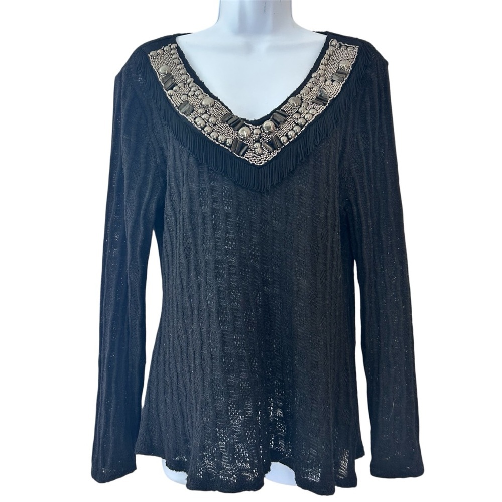 ZBY Vintage Open Knit Beaded Fringe VNeck Sweater sz L Black Western Whimsigoth
